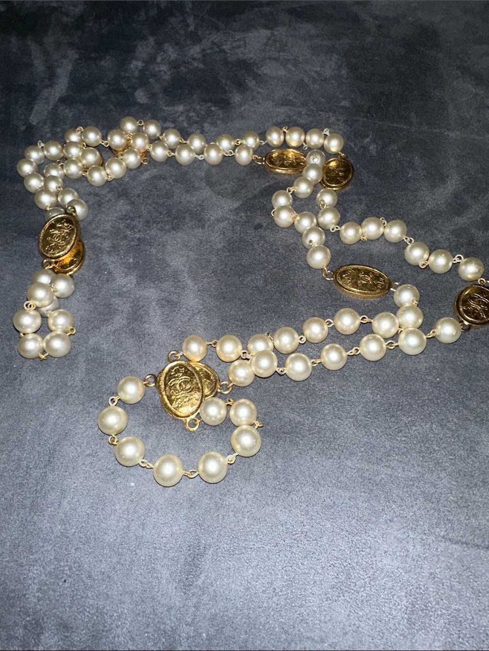 CHANEL Gold and Pearl-Style Long Medallion Necklace